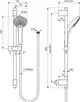 Brausekombination von Ideal Standard mit Handbrause und Halterung, gezeigt in Seitenansicht mit Abmessungen und Anschlussdetails.